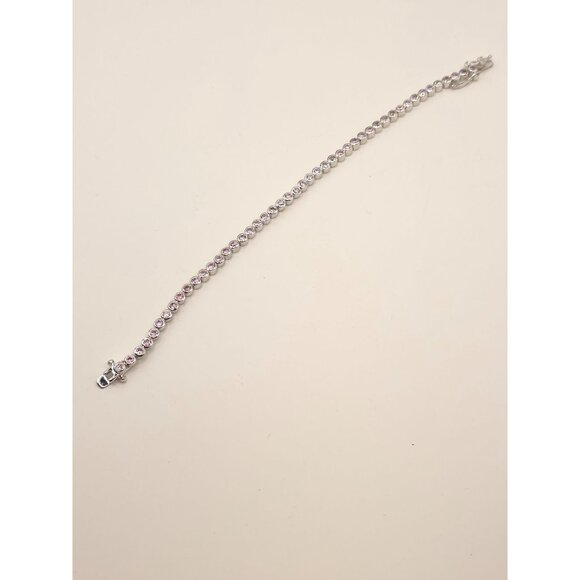 Silver Tone Tennis Bracelet With Pink CZ Stones & Secure Clasp - Picture 7 of 11